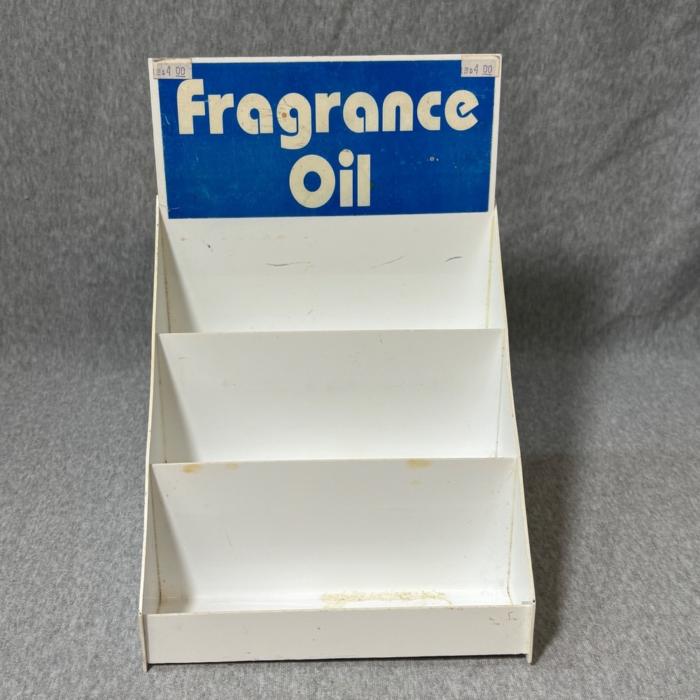 Vintage Fragrance Oil Display Stand Tiered Countertop Organizer White Blue Sign